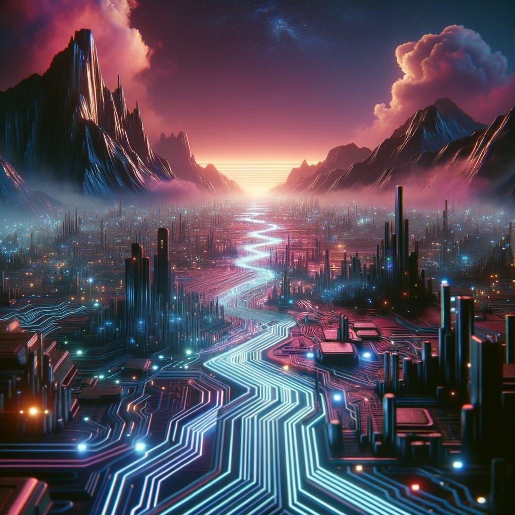 Cyberpunk Data Streams Form Futuristic Landscape