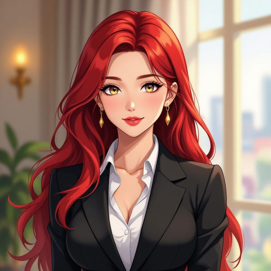 Anime Style Woman with Crimson Hair and Golden Eyes