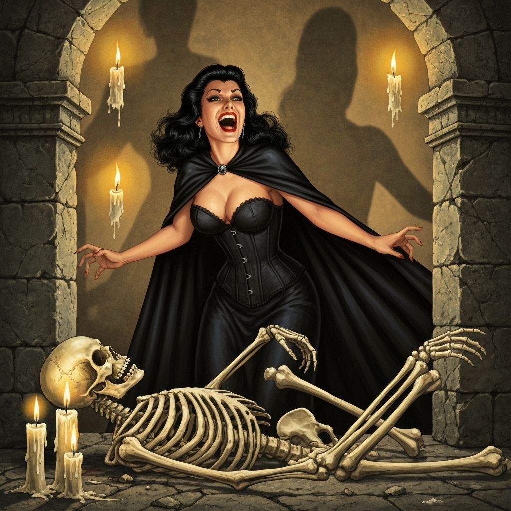 Dark Sorceress Laughs Reanimating Skeleton in Crypt