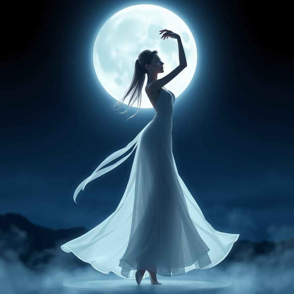 Ethereal Dancer Under the Dreamy Moonlit Sky in Anime Style