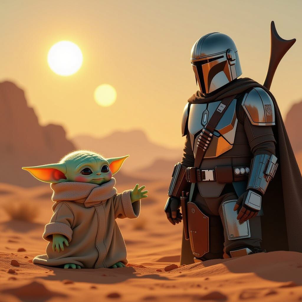 Mandalorian Protects Grogu in Desert Sunset