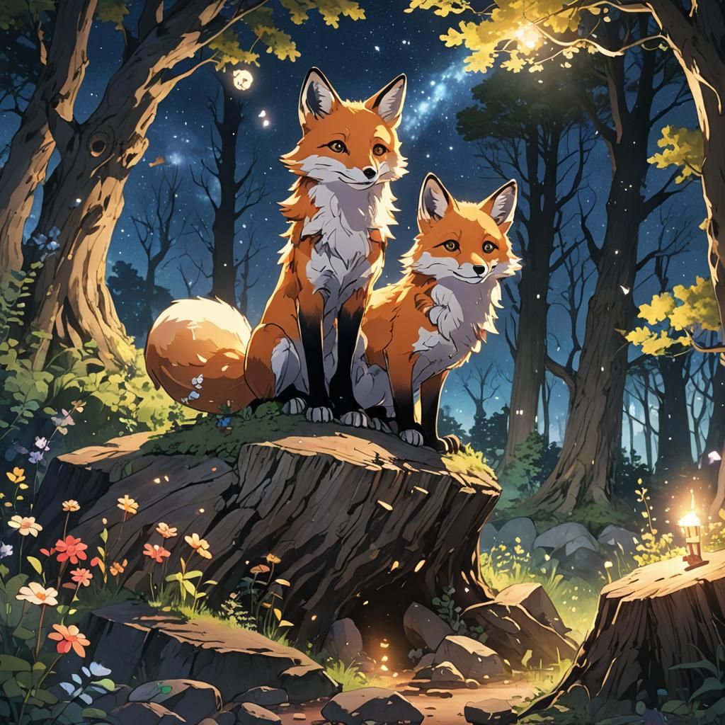Magical Fox in Anime-Style Forest at Night