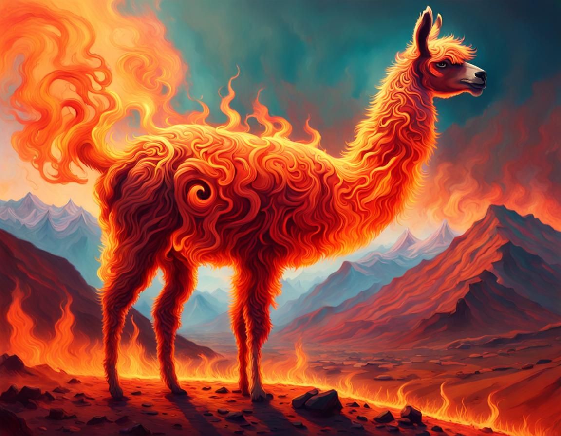 Fiery Llama in Surrealist Airbrush Painting