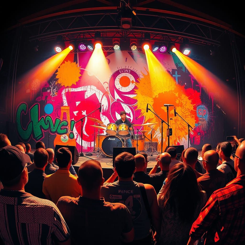 Energetic Drummer in a Vibrant Street Art Scene