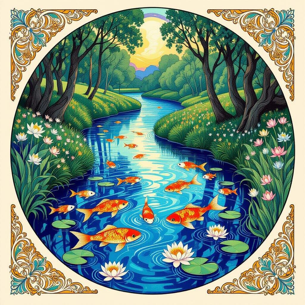 Art Nouveau River Divides: Glass Torrent and Cobalt Stream