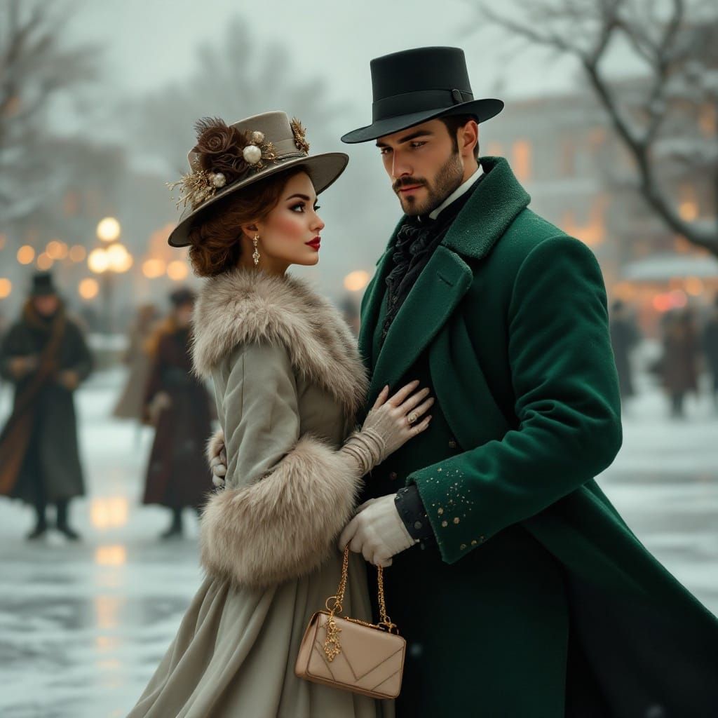 Romantic Winter Ice Rink Scene in Victorian Style