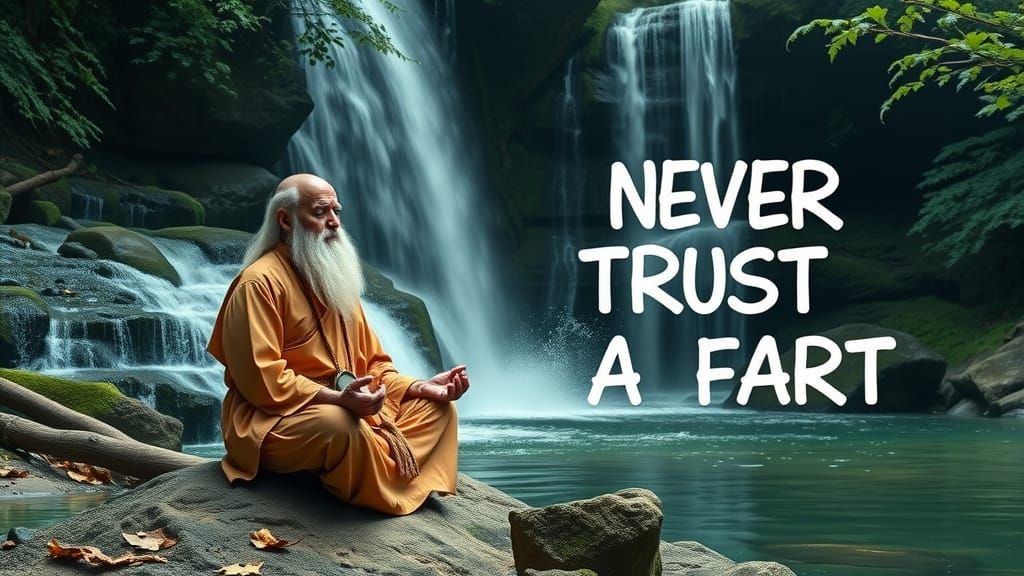 Monk Meditating by Waterfall in Leafy Forest