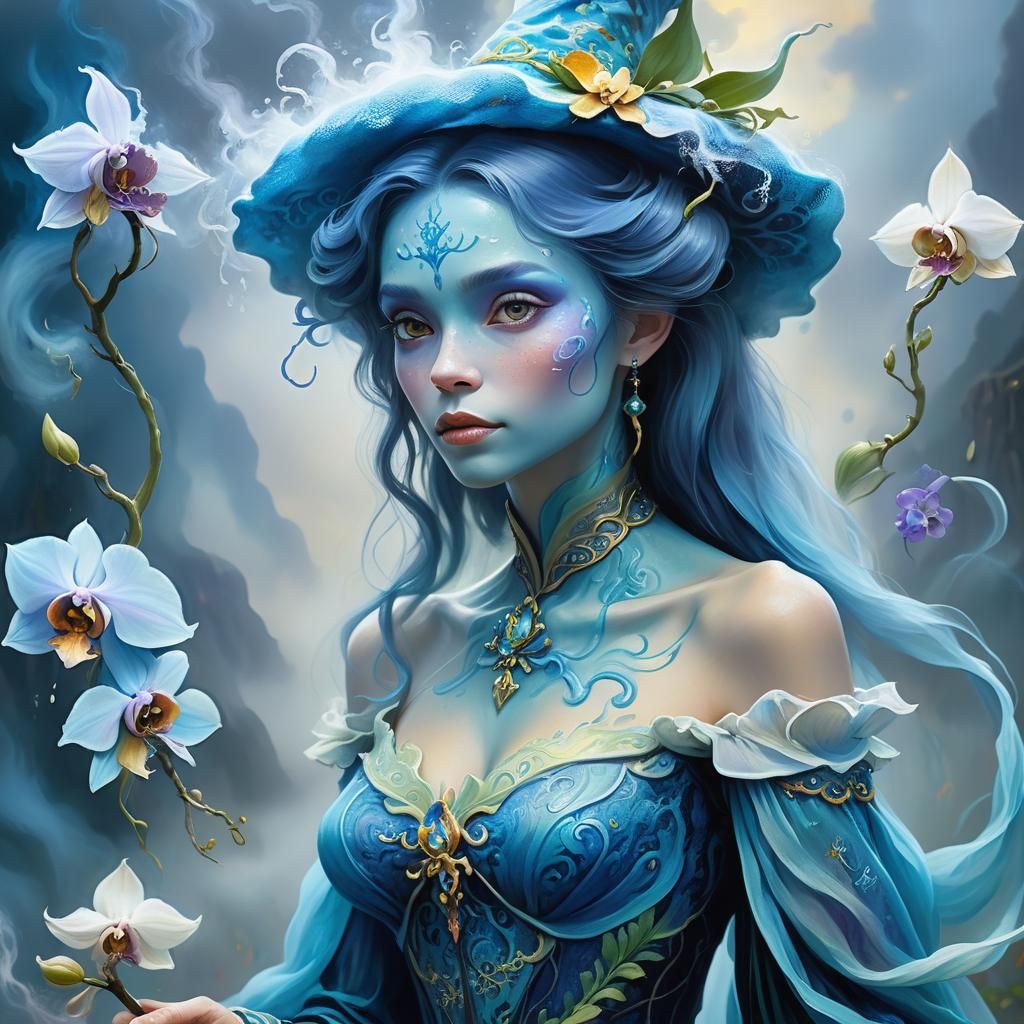 Orchid Witch Portrait in Vibrant Oil Painting Style