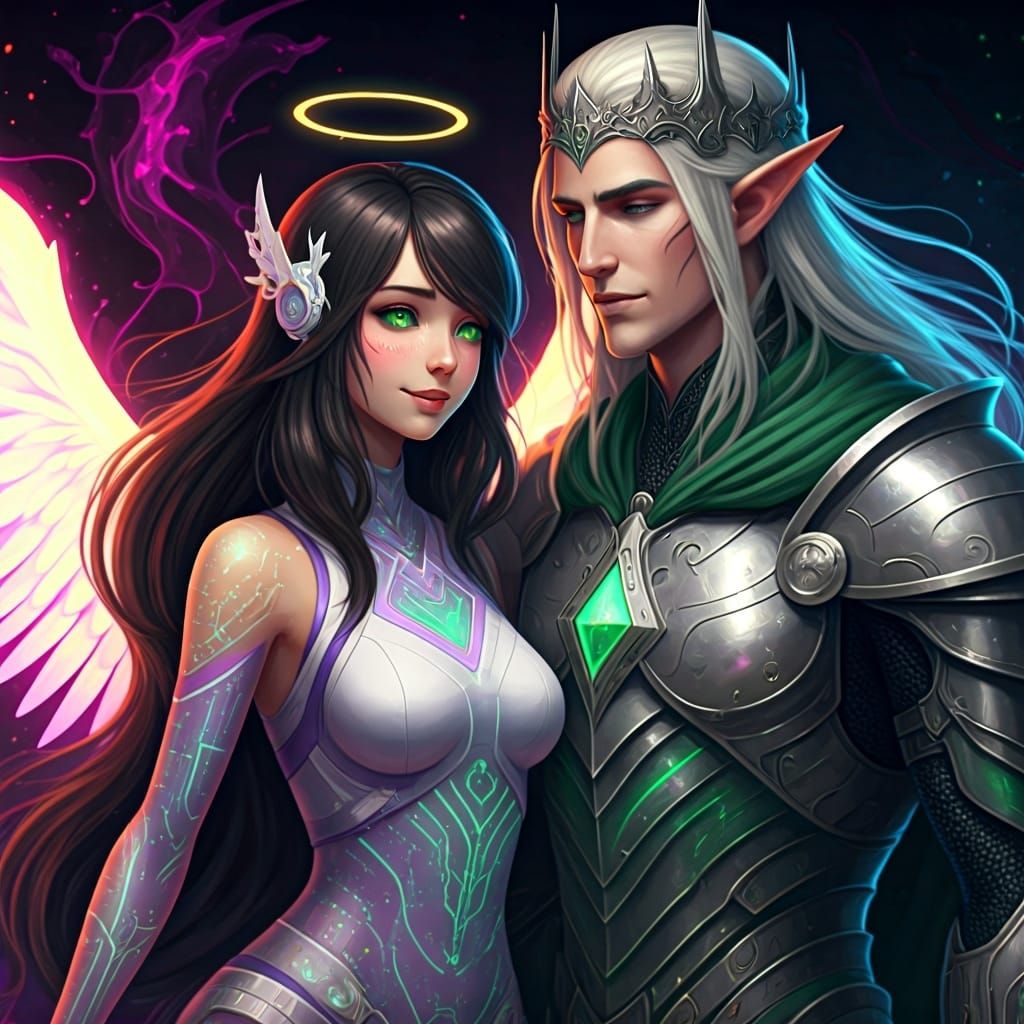 Cybernetic Angel and Elf King in Digital Art Style