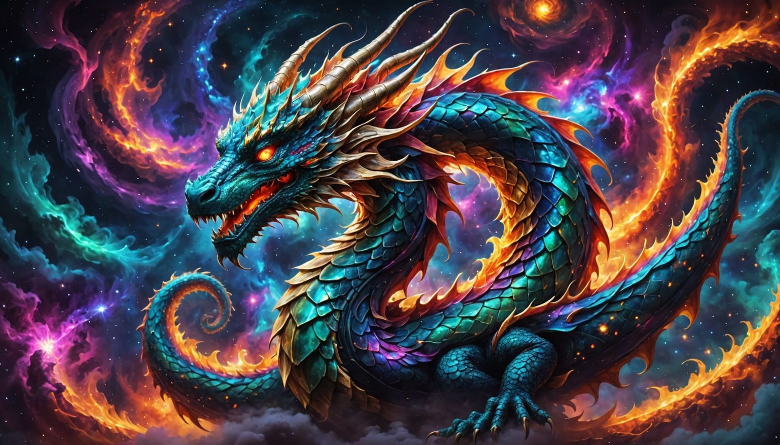 Celestial Dragon Coiled Around Nebula in Airbrush Art