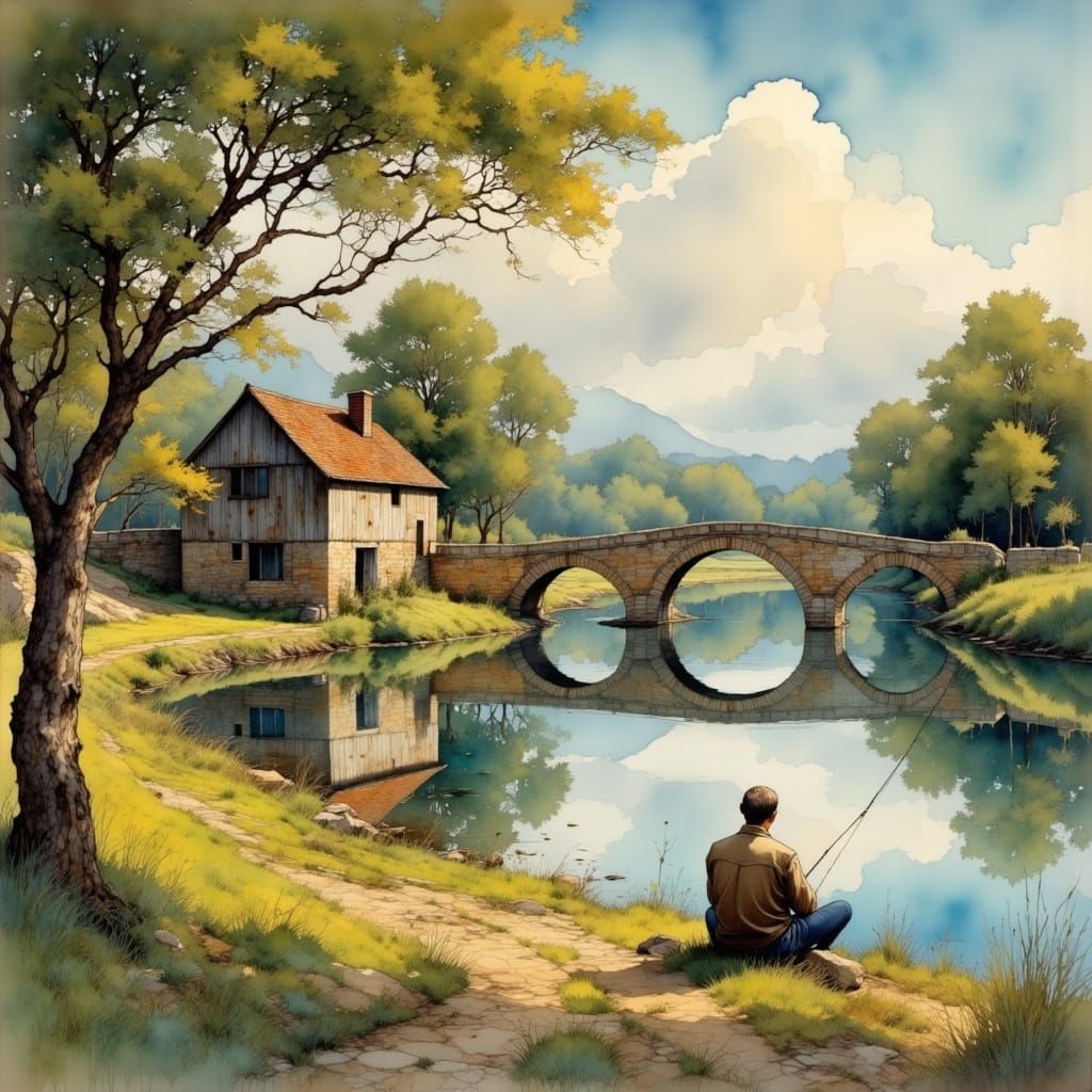 Peaceful Lakeside Scene in Painterly Style