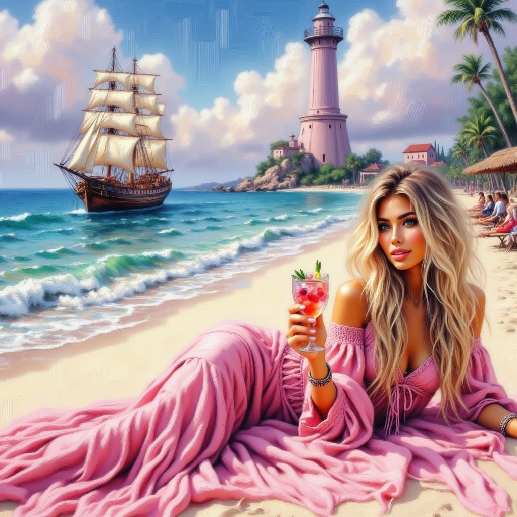 Blonde Woman on Pink Beach with Cocktail