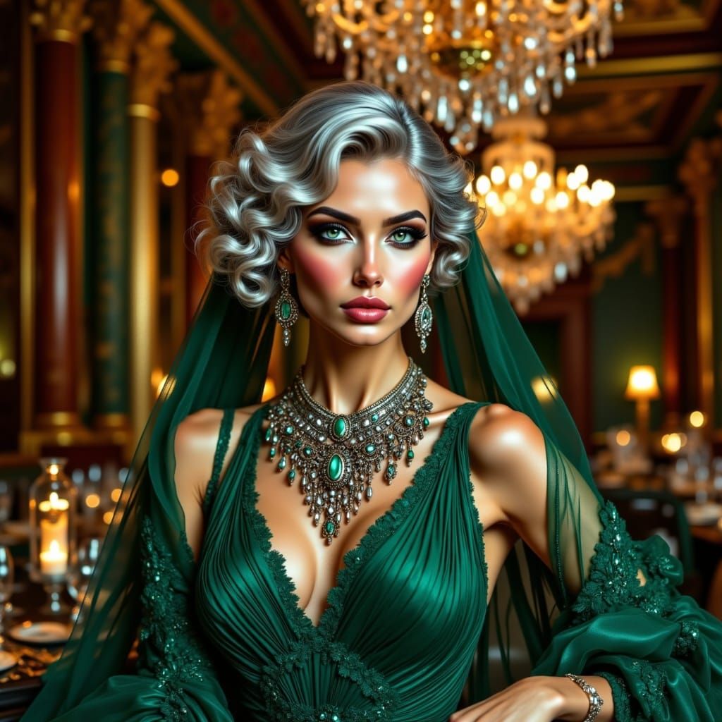 Elegant Woman in Emerald Green Evening Gown