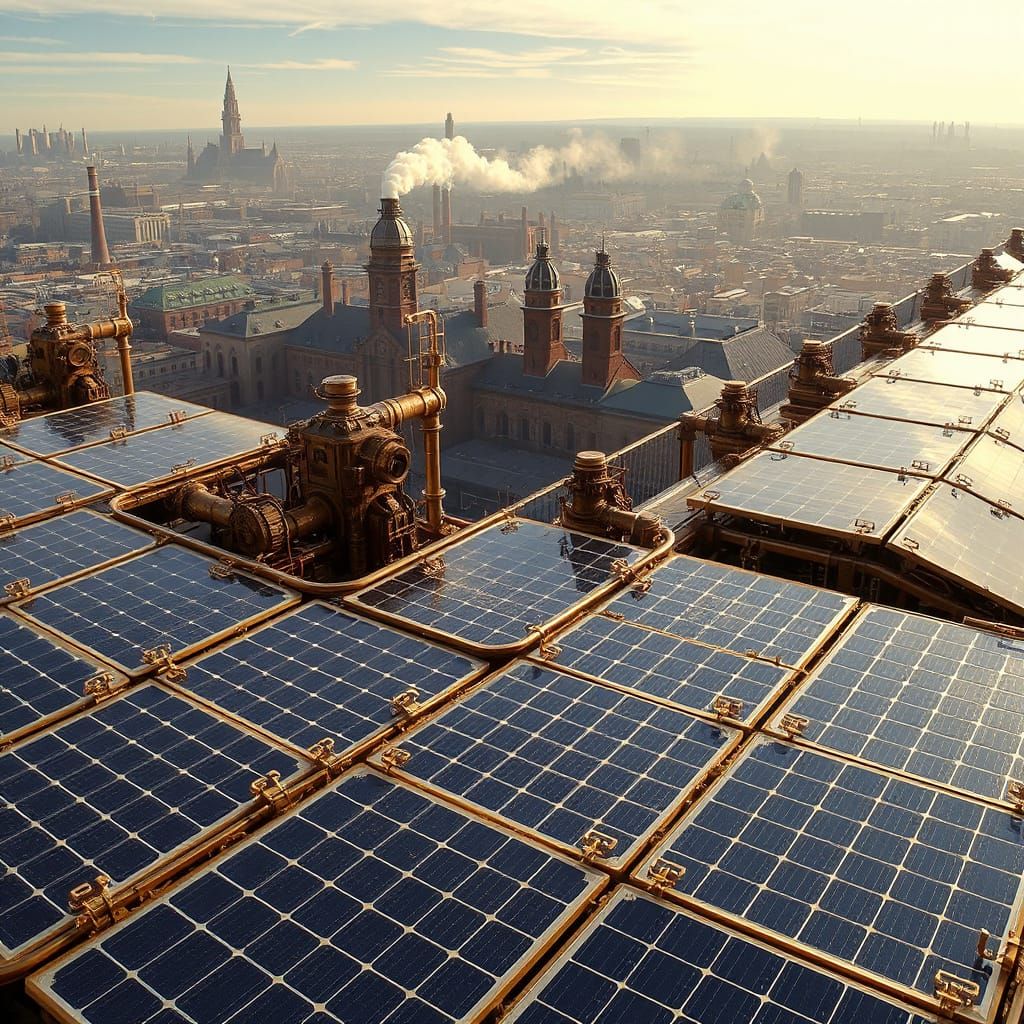 Steampunk Solar Panel Array in a Gritty Metropolis