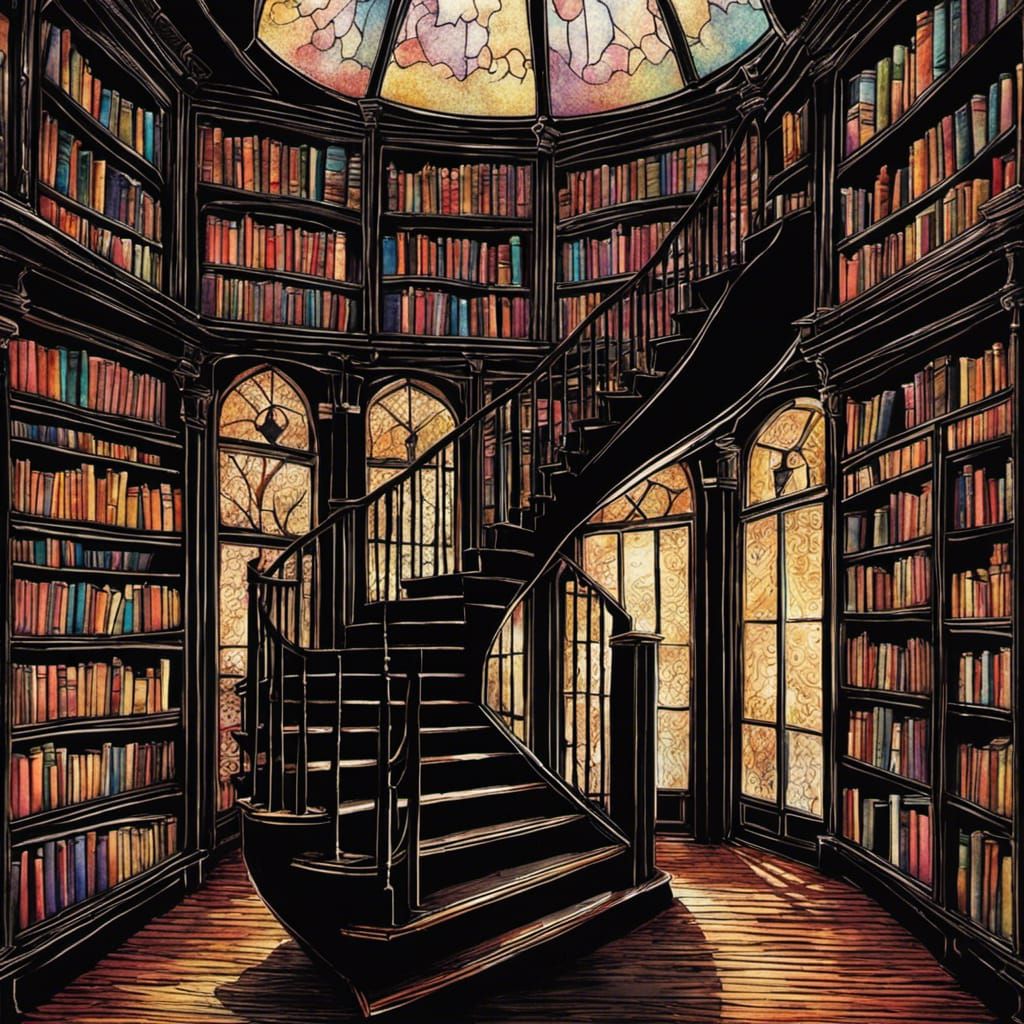 Ominous Gothic Bookstore with Psychedelic Owl