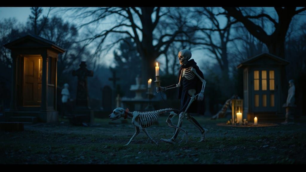 Candlelit Skeleton Duo Strolls in Graveyard