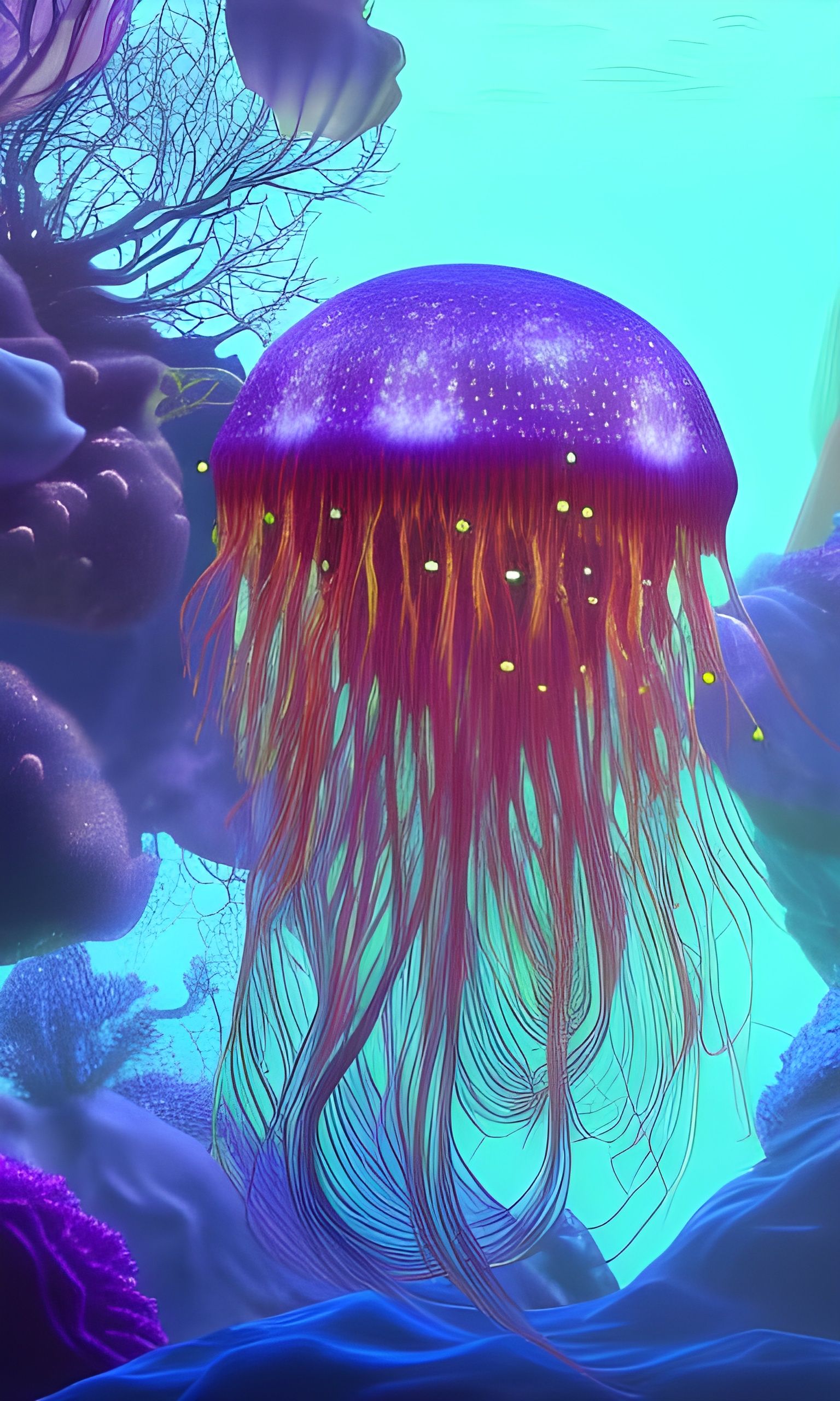 Bioluminescent Jellyfish in Deep Ocean, Watercolor Style