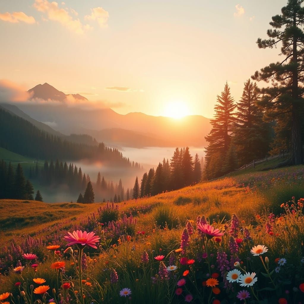 Dreamy Morning Landscape with Golden Light and Flowers