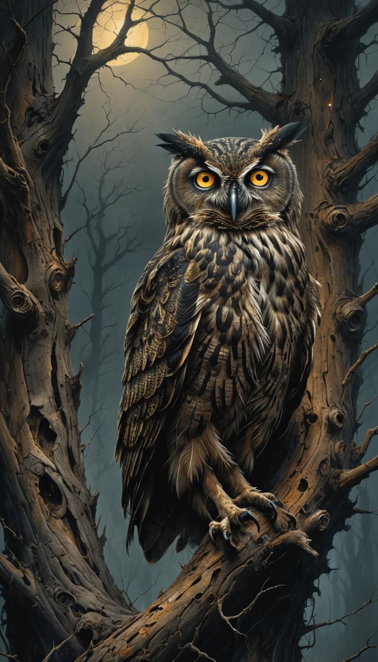 Eerie Owl with Golden Eyes in Dark Fantasy Art