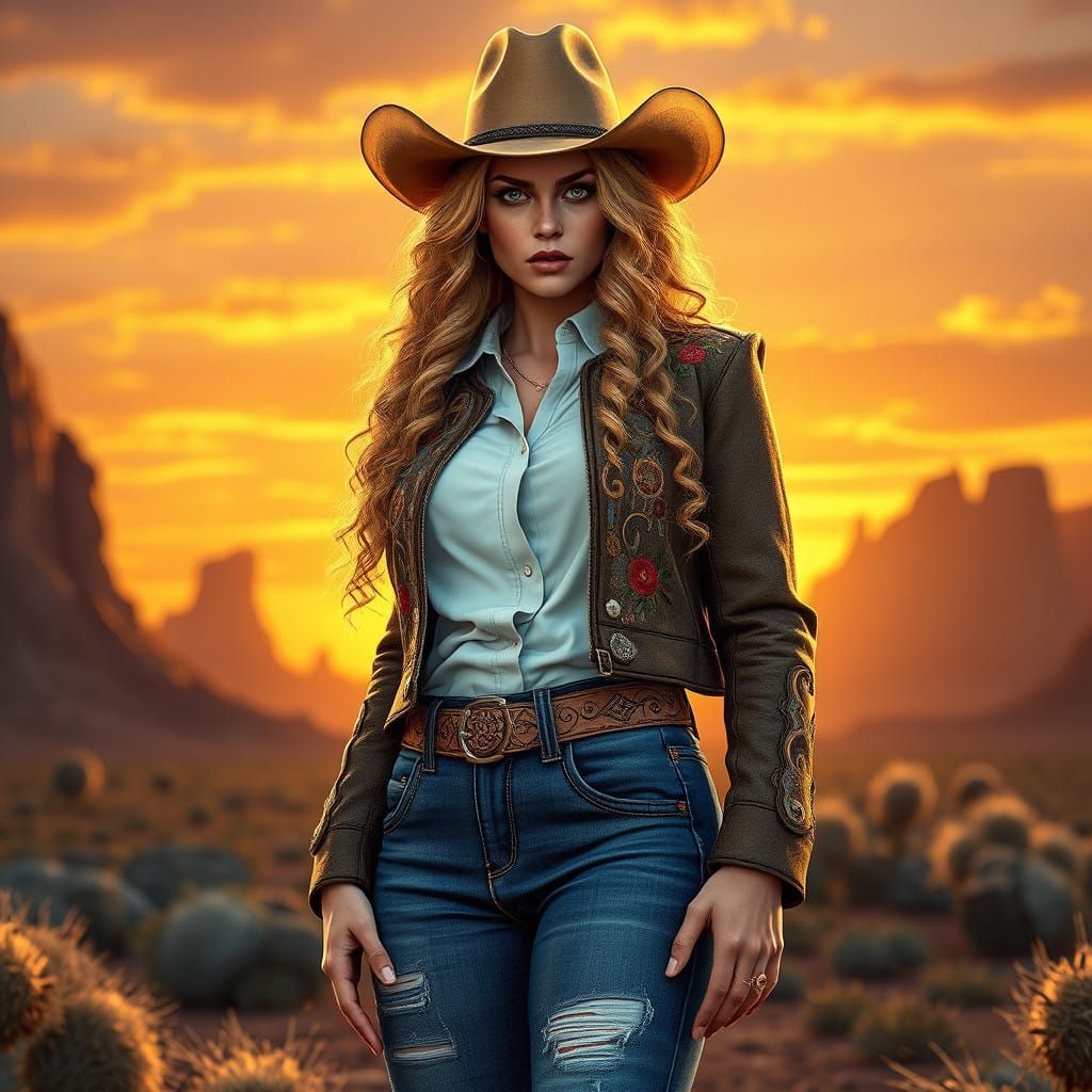Curvy Cowgirl with Green Eyes and Golden Hair