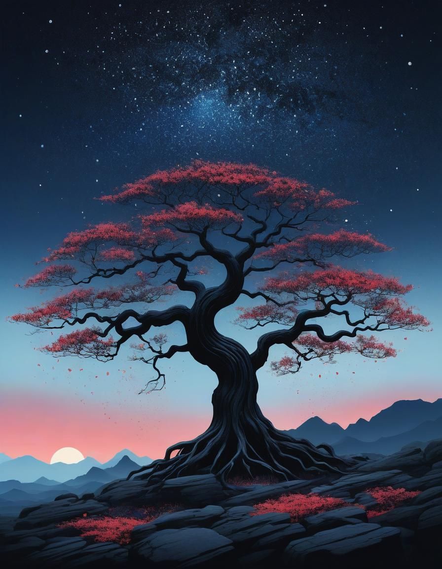 Resilient Black Tree with Blossoms Under Starlight