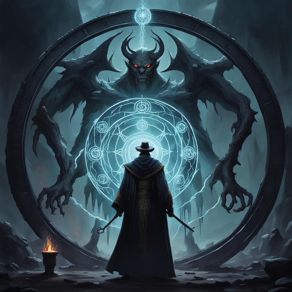 Ancient Warlock Summons Demon in Magic Circle