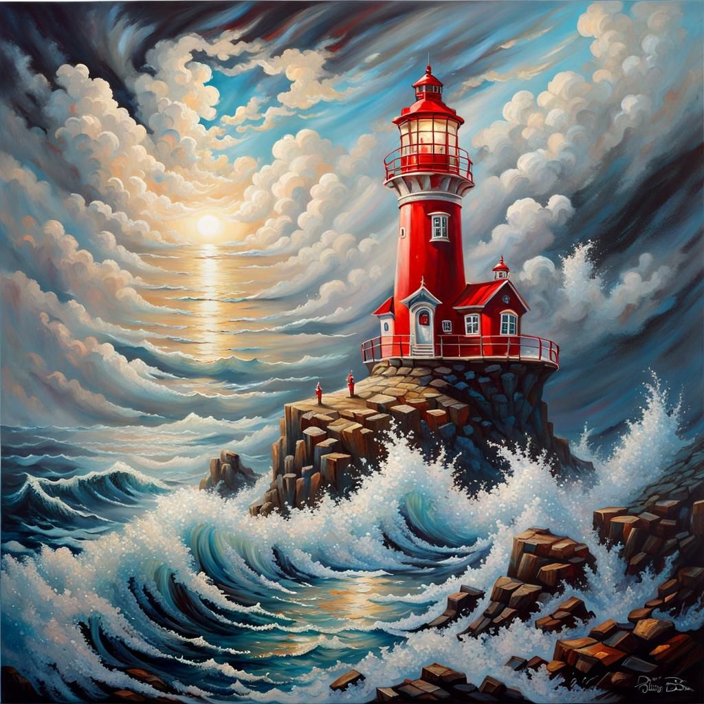Fairytale Lighthouse on Stormy Sea in Disney Style