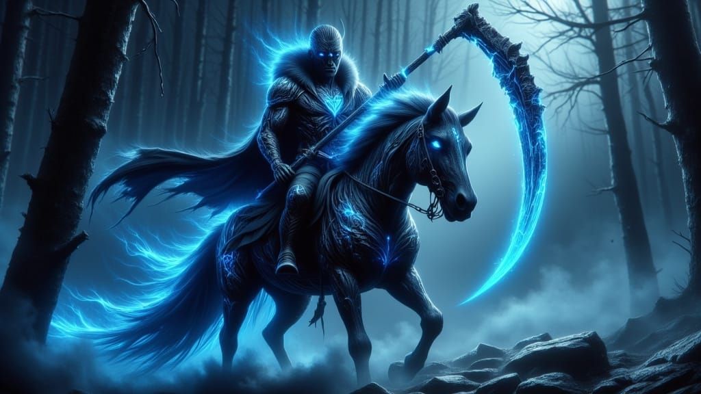 Ashen Man Rides Phantom Steed Through Misty Forest
