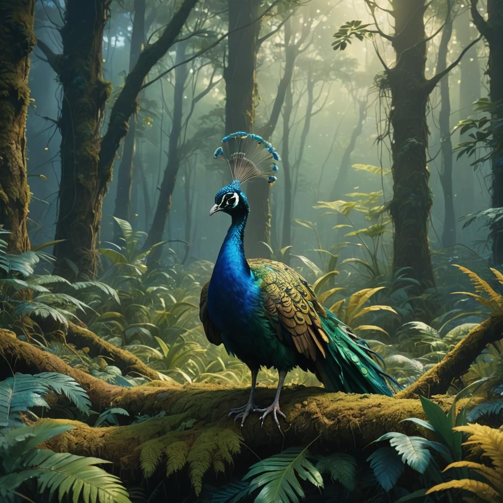 Baby Peacock in Lush Forest: Digital Matte Painting