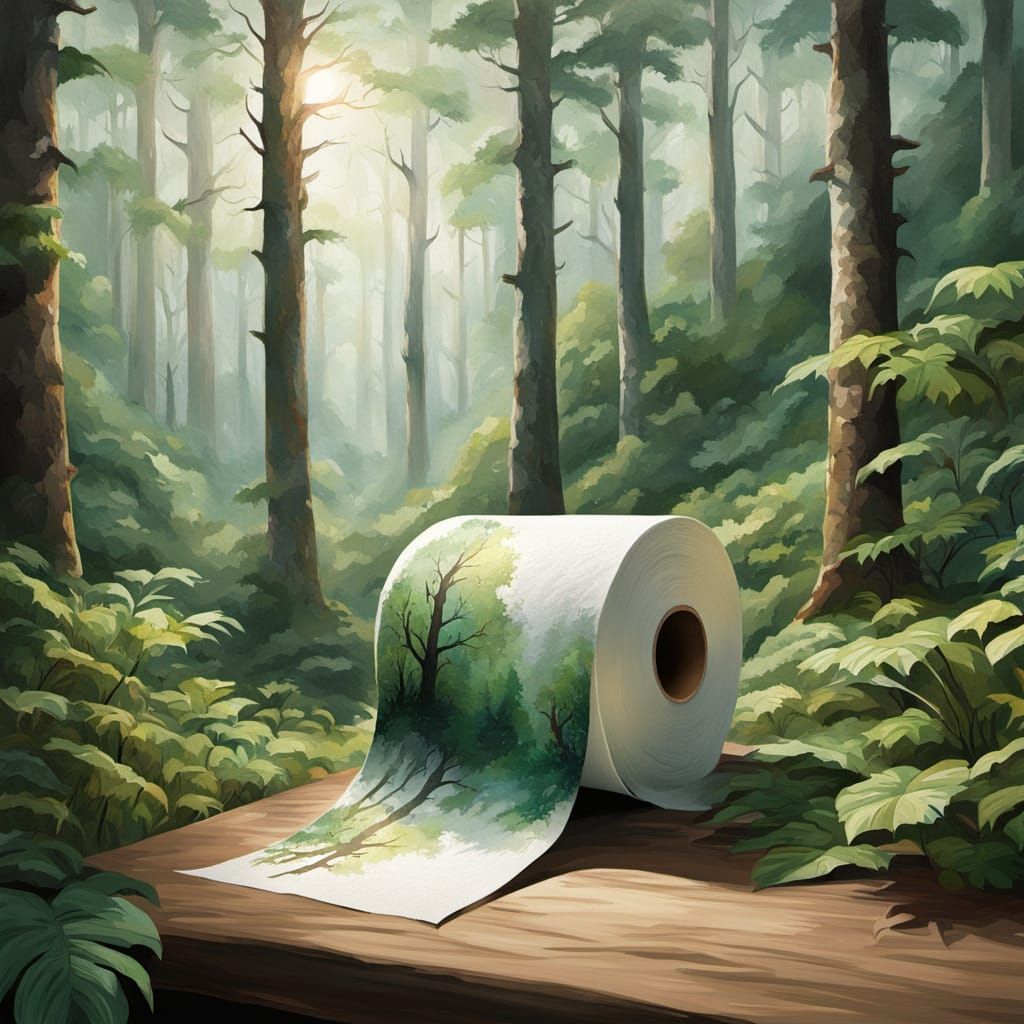 A toilet paper roll with a painted view of a wild forest full of trees and green vegetation against a light stone backgr...