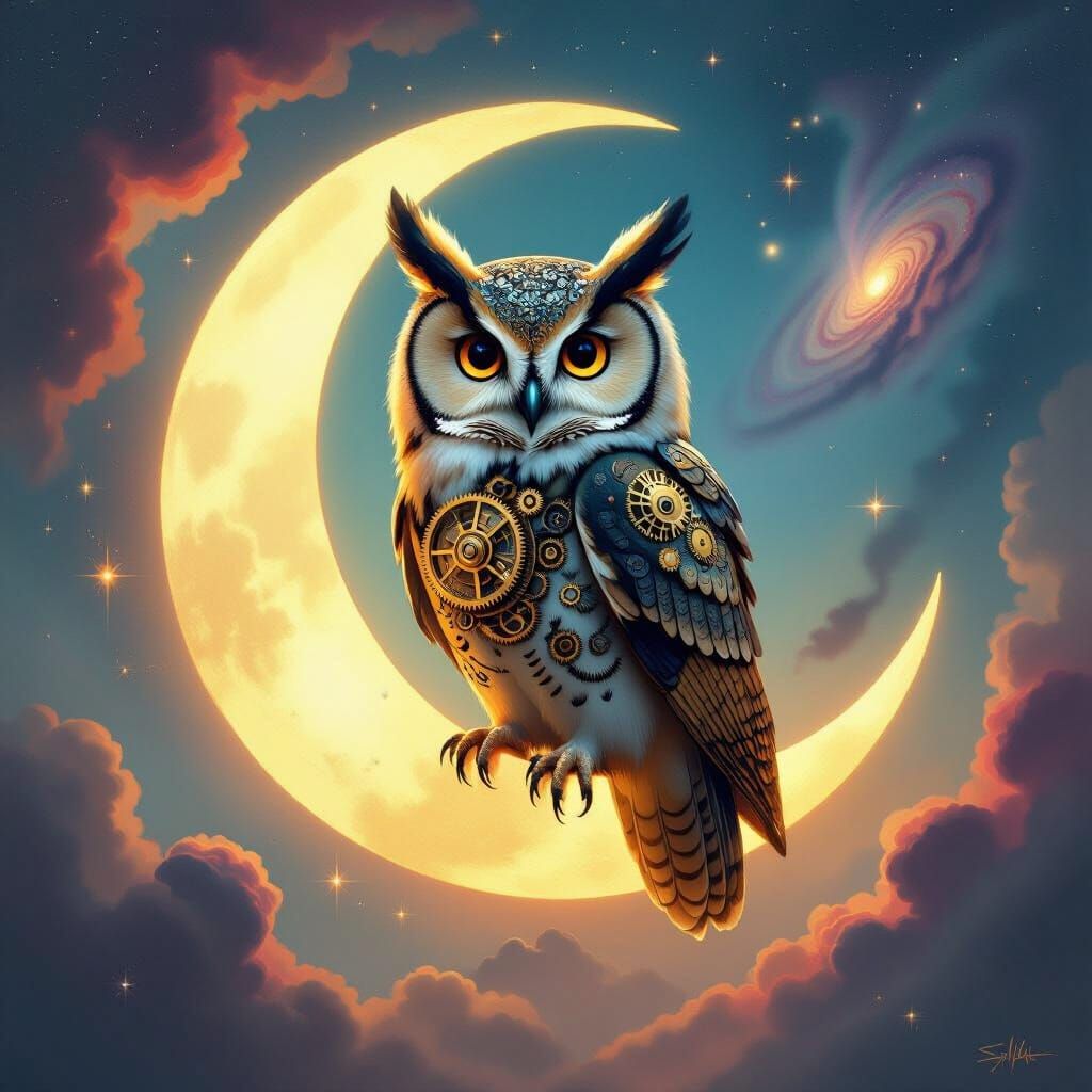 Clockwork Owl on Moon in Ethereal Nebula Oil Painting