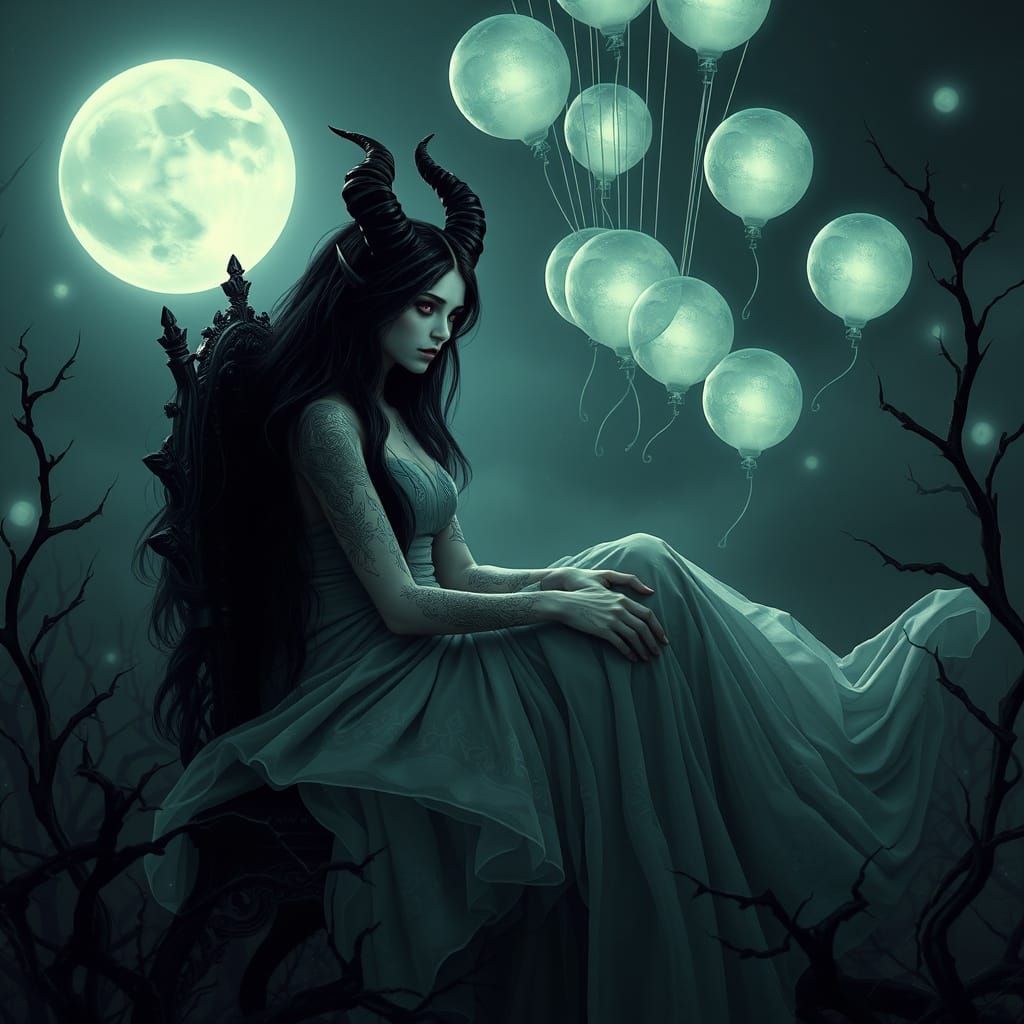 Melancholic Demon Girl in Moonlit Garden