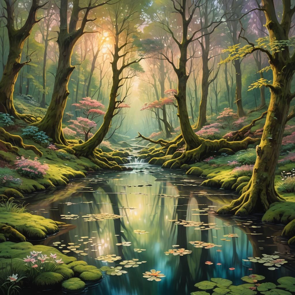 Ethereal Forest Stream in Golden Light