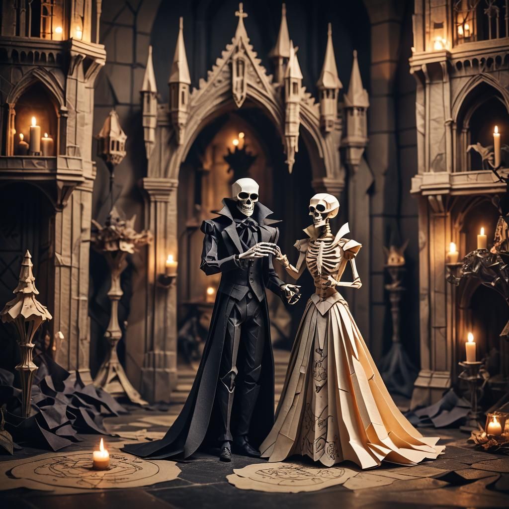 Vampire and Skeleton Dance in Gothic Origami Style