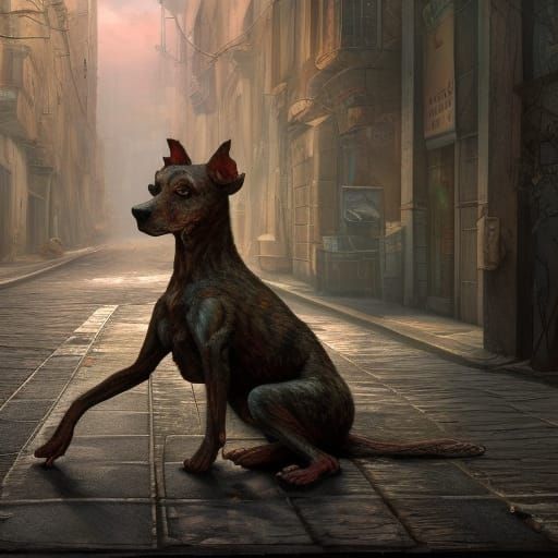 A Lone Starved Dog in Detailed Digital Painting