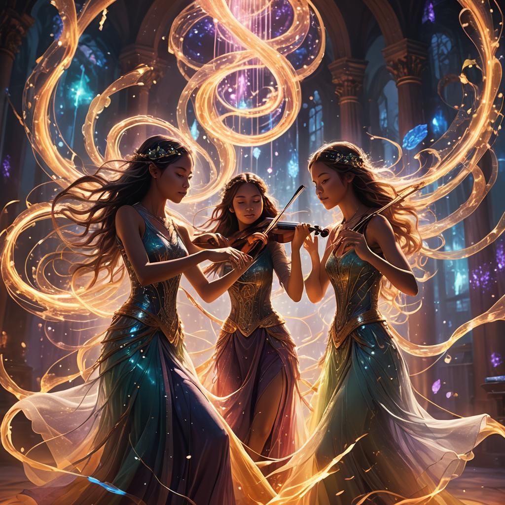 Magical Girls Play Enchanted Instruments in Fantasy Landscap...