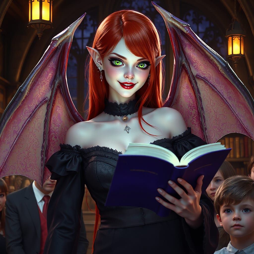 Friendly Vampire Reads to Children: Dark Fantasy Art