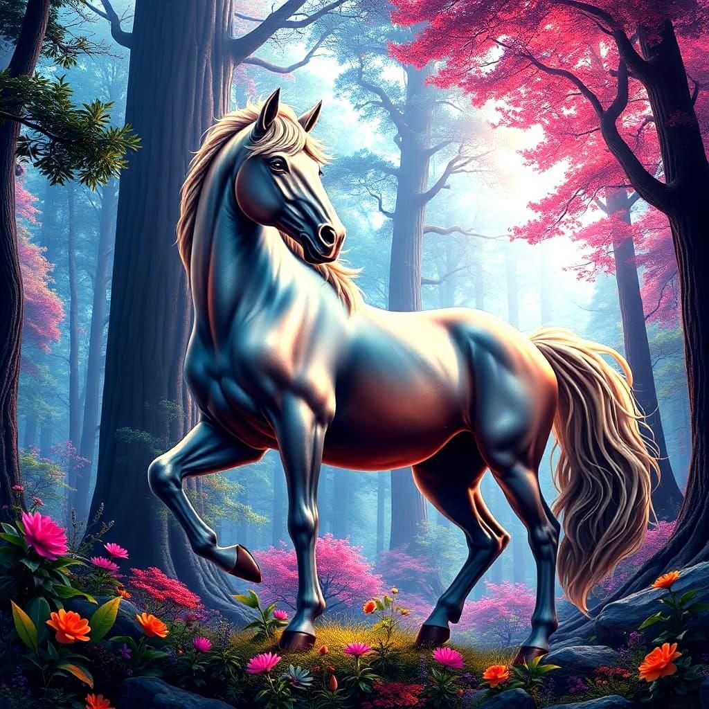 Magical horse in an enchanted forest, surrounded by towering trees and a kaleidoscope of flora, in a breathtaking 8k res...