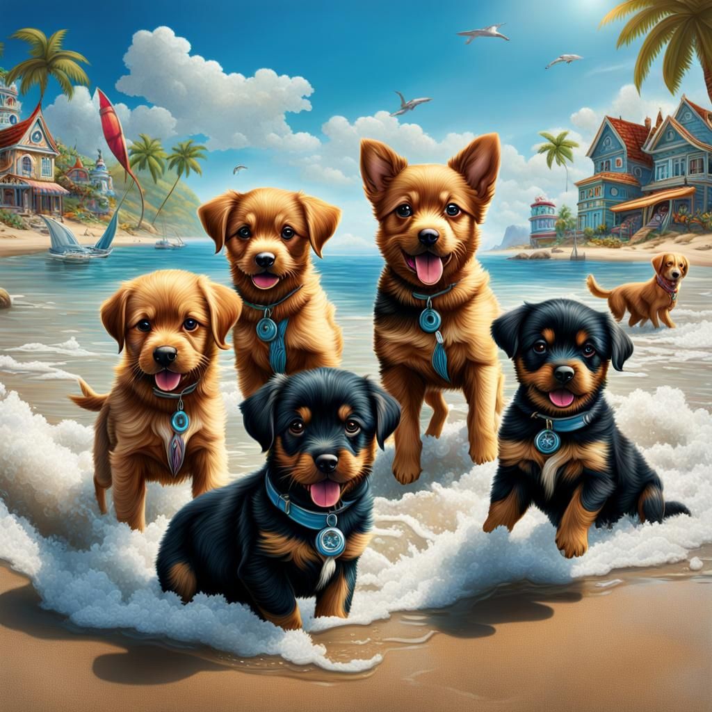 Puppies Play on Beach in Photorealistic Collage