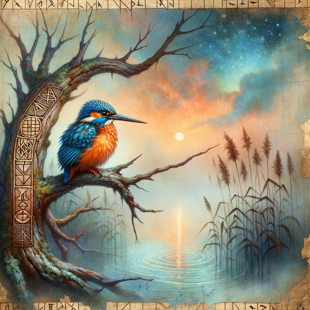 Vibrant Kingfisher Collage on Papyrus in Encaustic Mixed Med...