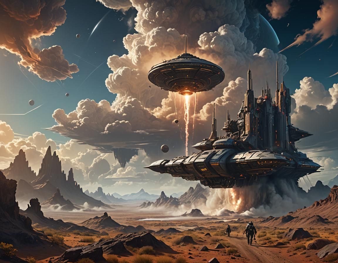 Exotic Planetfall: Spaceship Arrival in Fantasy Landscape