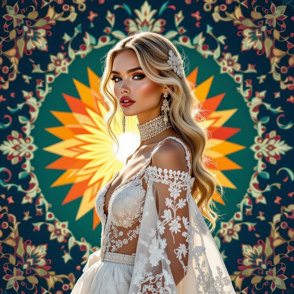 Elegant Model in Kaleidoscopic Dreamscape