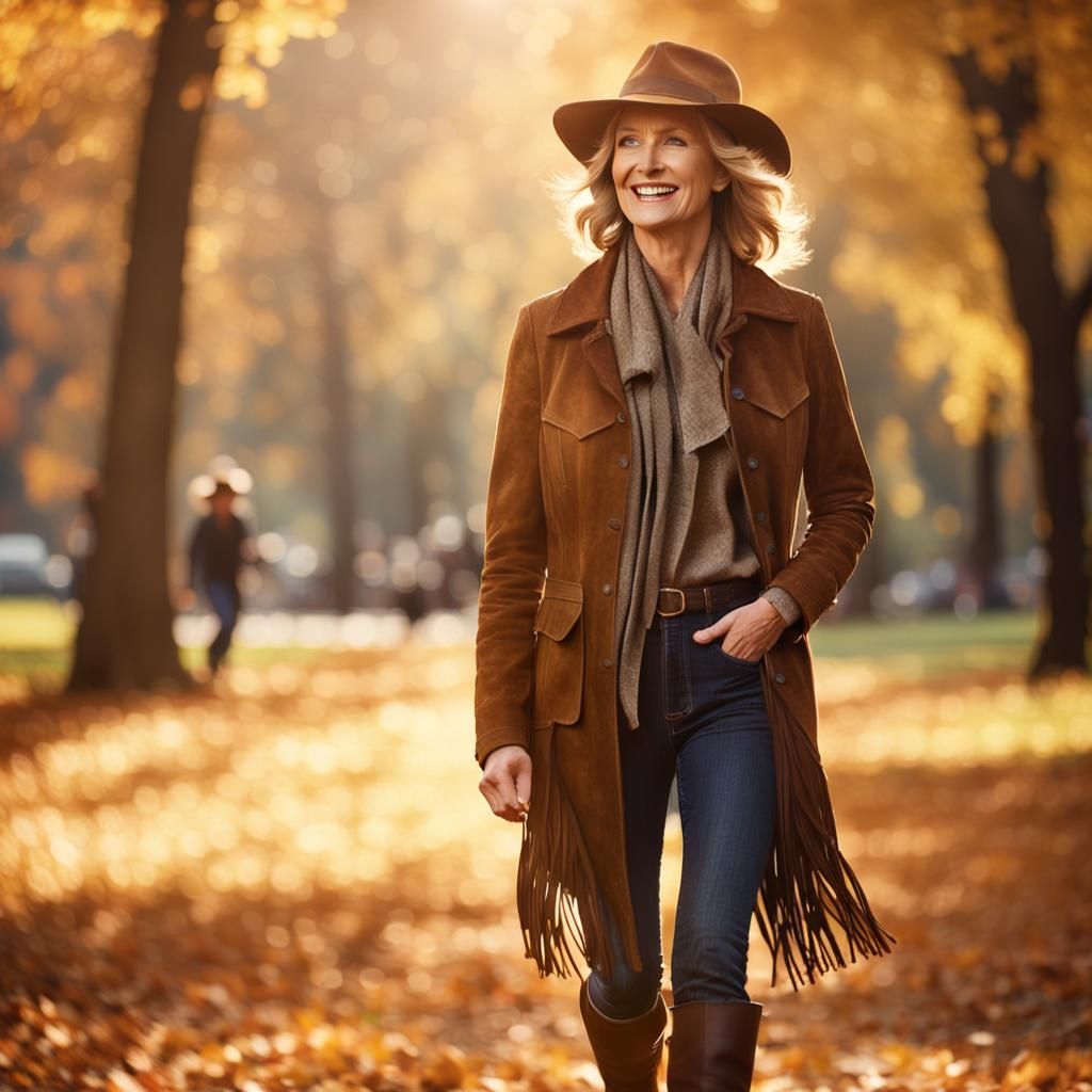 Woman in Park Walking in Autumn Sunlight