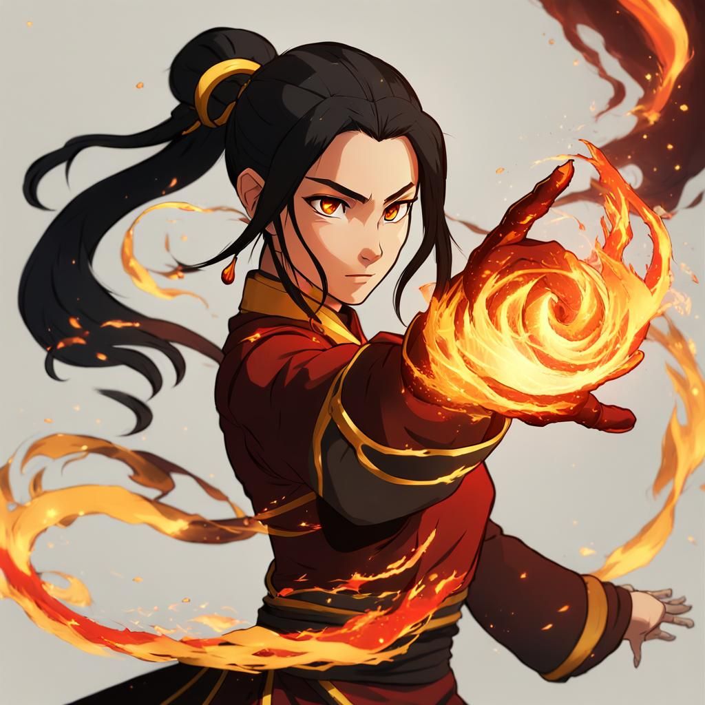Firebending Woman in Anime Cel-Shaded Style