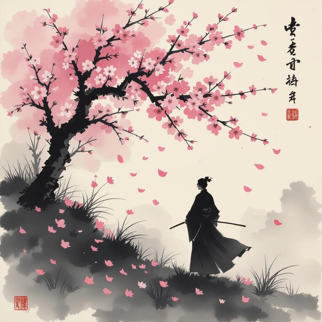 Sakura Blossom Dance in Minimalist Japanese Style