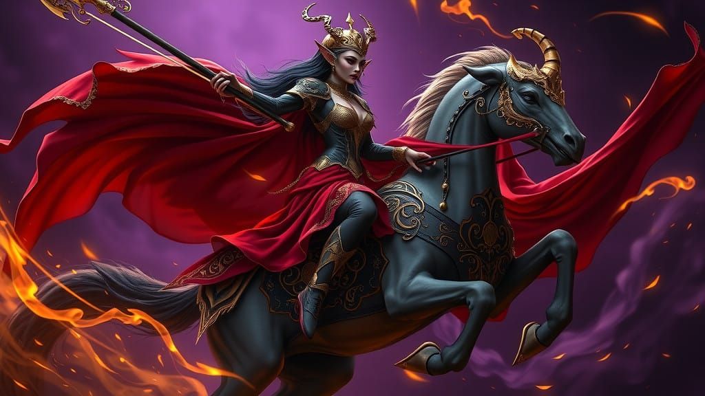 Ethereal Dark Fantasy Tiefling Bard Gallops into Battle