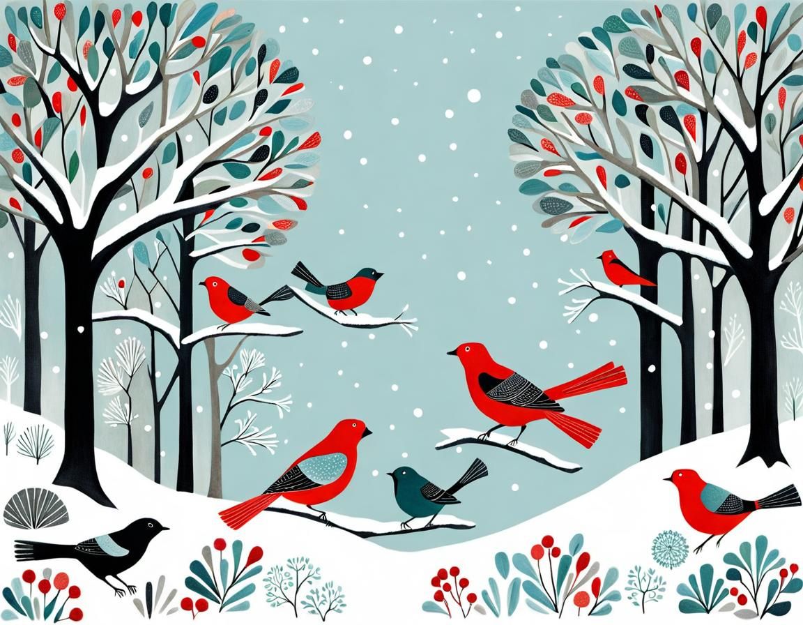 Charming Winter Animals in Snow Scene