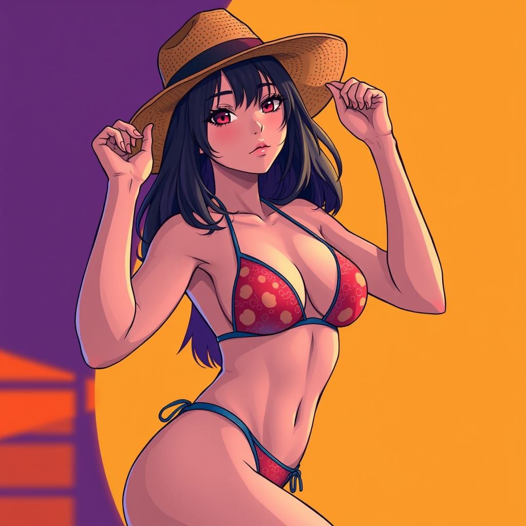 Young Woman in Micro Bikini: Manga Style Illustration
