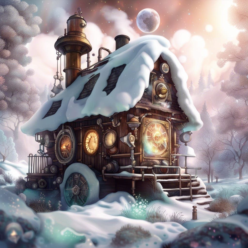 Steampunk Cottage in Frozen Landscape, Cosmic Illustration