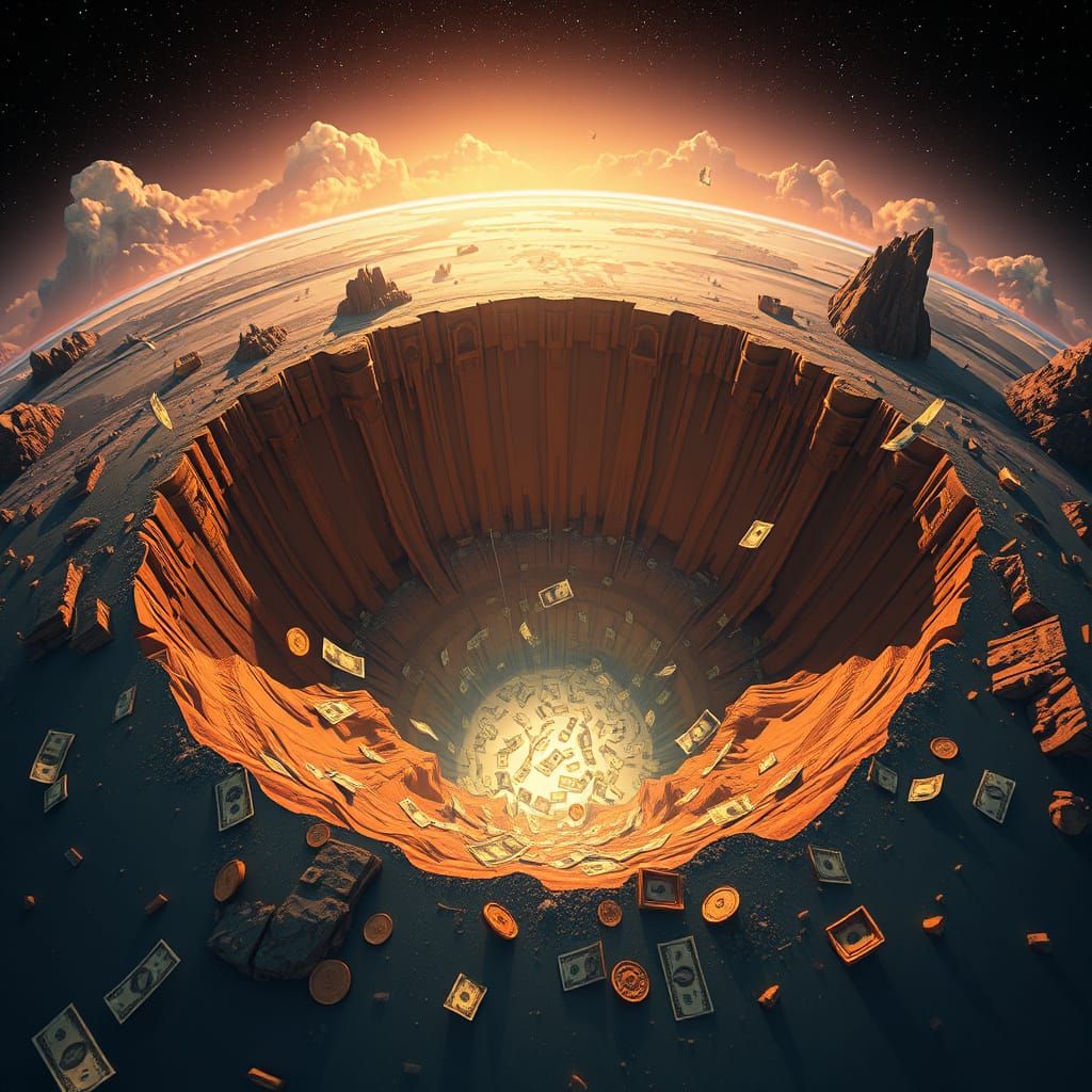 Futuristic Flat Earth Landscape with Sinkhole and Swirling C...